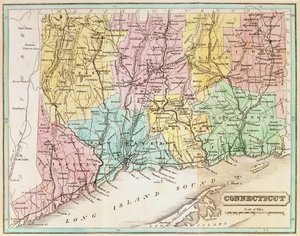 जॉन वार्नर बार्बर द्वारा &39;कनेक्टिकट हिस्टोरिकल कलेक्शंस&39; से 1856 में कनेक्टिकट का नक्शा