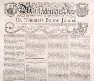 मैसाचुसेट्स जासूस का मास्टहेड 7 जुलाई 1774 (प्रिंट) द्वारा अमेरिकी स्कूल