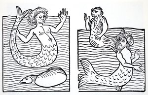 Mermaids और Mermen, थॉमस केइटली (1789-1872) द्वारा 1880 में प्रकाशित गनोम, परियों, कल्पित बौने और अन्य छोटे लोगों के लिए वर्ल्ड गाइड से प्रकाशित (BW उत्कीर्णन)