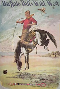 बफ़ेलो बिल्स (1846-1917) वाइल्ड वेस्ट शो के लिए एक बकिंग ब्रोंको का पोस्टर, c.1885 (कलर लिथो) द्वारा अमेरिकी स्कूल