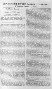 राष्ट्रपति जेफरसन ने भाषण का उद्घाटन किया, 11 मार्च 1801 को कार्लिस्ले गजट के लिए पूरक द्वारा अमेरिकी स्कूल