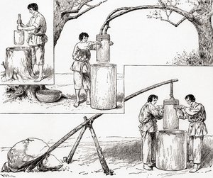 1884 में प्रकाशित 'द सेंचुरी इलस्ट्रेटेड मंथली मैगज़ीन' से मकई पीसने के आदिम तरीके (लकड़ी की नक्काशी) द्वारा अमेरिकी स्कूल