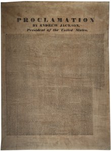 10 दिसंबर 1832 को एंड्रयू जैक्सन (1767-1845), संयुक्त राज्य अमेरिका के राष्ट्रपति द्वारा उद्घोषणा