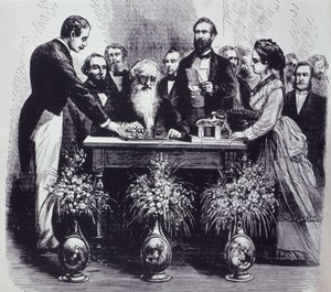 प्रोफेसर सैमुअल फिनाले ब्रेज़ मोर्स (1791-1872) ने अपने आविष्कार के कार्य की व्याख्या की द्वारा अमेरिकी स्कूल