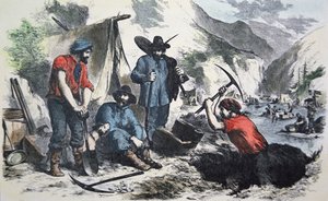 1849 के कैलिफ़ोर्निया गोल्ड रश के दौरान प्रॉस्पेक्टर्स (कलर लिथो) द्वारा अमेरिकी स्कूल