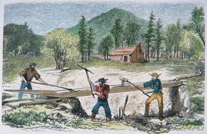 1849 के कैलिफ़ोर्निया गोल्ड रश (कलर लिथो) के दौरान एक स्लुइस का उपयोग करने वाले प्रॉस्पेक्टर्स द्वारा अमेरिकी स्कूल