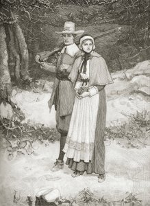 1885 में AS Barnes und Co. द्वारा प्रकाशित &39;यूनाइटेड स्टेट्स का संक्षिप्त इतिहास&39; से चर्च जाने वाले पुरीटनस द्वारा अमेरिकी स्कूल