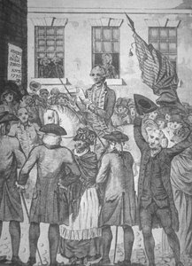 1776 में जनता के लिए स्वतंत्रता की घोषणा पढ़ना (लिथो) द्वारा अमेरिकी स्कूल