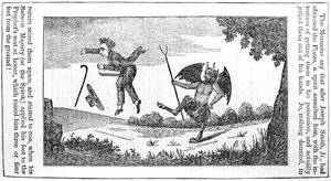 शैतान ने 1842 के एंटी-मॉरमन पंचांग के पिछले पृष्ठ से जोसेफ स्मिथ (1805-44) को लात मार दी द्वारा अमेरिकी स्कूल