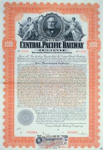 सेंट्रल पैसिफिक रेलवे कंपनी कंपनी, 1899 के लिए 1000 डॉलर के लिए नमूना बांड प्रमाण पत्र द्वारा अमेरिकी स्कूल