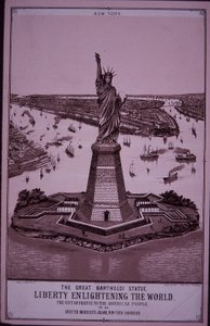 स्टैच्यू ऑफ लिबर्टी 'बेदलो के द्वीप पर खड़ा किया जाएगा', 1885 का प्रिंट (उत्कीर्णन) द्वारा अमेरिकी स्कूल