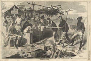 हार्पर वीकली, पब से कैंप में थैंक्सगिविंग। 1862 (उत्कीर्णन) द्वारा अमेरिकी स्कूल