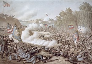 कुरिंथ की लड़ाई, 3-4 अक्टूबर 1862, कुर्ज़ और एलीसन (रंग लिथो) द्वारा उत्तर और दक्षिण के झंडे दिखाते हुए द्वारा अमेरिकी स्कूल