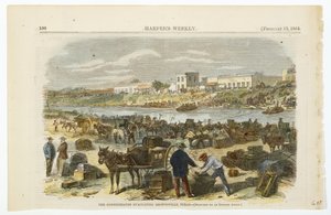 कॉन्फेडरेट्स इवैक्यूएटिंग ब्राउन्सविले, टेक्सास, c. 1864 (वोव वुड पल्प पेपर पर हाथ के रंग का लिथोग्राफ) द्वारा अमेरिकी स्कूल