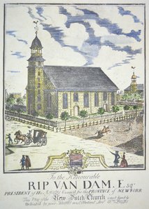 न्यू डच रिफॉर्मेड चर्च, 1731 में नासाउ और लिबर्टी सड़कों, न्यूयॉर्क शहर के कोने पर बनाया गया (रंगीन उत्कीर्णन) द्वारा अमेरिकी स्कूल