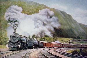 हॉर्स-शू कर्व पर न्यूयॉर्क से शिकागो एक्सप्रेस, एलेघनी, c.1930 (कलर लिथो) द्वारा अमेरिकी स्कूल