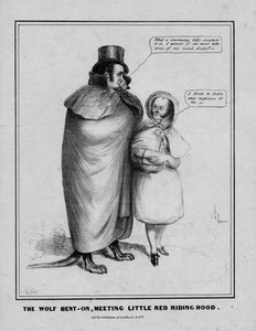 भेड़िया पर, एचआर रॉबिन्सन, न्यूयॉर्क, c.1840 द्वारा प्रकाशित लिटिल रेड राइडिंग हूड की बैठक हुई द्वारा अमेरिकी स्कूल