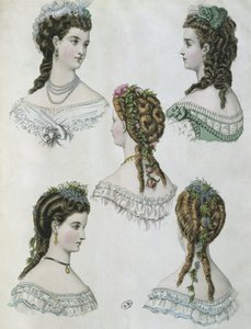 हेयरस्टाइल, &39;ला मोड एक्सेप्ट्री&39; से चित्रण, 1860 (रंग उत्कीर्णन)