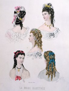 रिबन के साथ केशविन्यास, &39;ला मोड इलस्ट्री&39;, 1872 (रंग उत्कीर्णन)