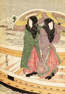 स्नो में एक पुल पर चलती महिलाएं, pub.c.1848 (कलर वुडब्लॉक प्रिंट) द्वारा एंडो या उटागावा हिरोशिगे