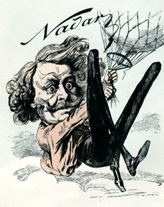 1858 में हवाई चित्र के अग्रदूत फेलिक्स नादर का कार्टून, यहाँ उनके गुब्बारे से लटका हुआ (उत्कीर्णन) द्वारा एंड्रयू गिल
