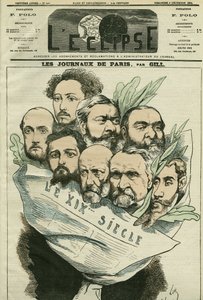 एडमॉन्ट अबाउट (1828-?) द्वारा निर्देशित समाचार पत्र "" ले XIXe siècle "" की टीम का कार्टून, एक फ्रांसीसी अक्षर का आदमी। गिल द्वारा "" L'Eclipse" में कवर, 6 दिसंबर द्वारा एंड्रयू गिल