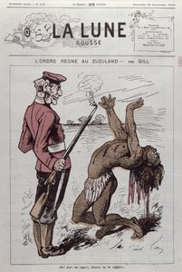 &39;ज़ूगुलैंड में आदेश शासन&39;, 1879 में &39;ला ल्यून रूस&39; से दक्षिण अफ्रीका के अंग्रेजी उपनिवेश का कैरिकेचर द्वारा एंड्रयू गिल