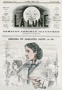 एडेलिना का पोर्ट्रेट (1843-1919) और कार्लोटा पट्टी (1835-1889), इतालवी ओपेरा गायक। गिल द्वारा कार्टून, "द मून" में, नवंबर २५ द्वारा एंड्रयू गिल