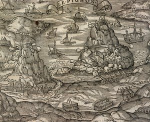 आंद्रे थेवेट (1504-1592), पेरिस द्वारा कॉस्मोग्राफ़ी यूनिवर्सेल से उत्कीर्ण ले पिग्नन द्वीप के पास नौसैनिक युद्ध द्वारा आंद्रे तिवेट