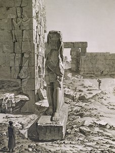 1822 में बाल्टार्ड द्वारा उत्कीर्ण, `मिस्र &39;के वर्णन के खंड III से कर्ब, थेब्स, प्लेट 20 के महल के हाइपोस्टाइल हॉल के प्रवेश द्वार पर कोलोसस का दृश्य द्वारा डुट्ट्रे के बाद आंद्रे