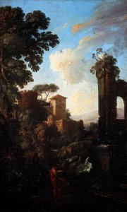 एंड्रिया लोकाटेली (1695-1741) द्वारा खंडहर और चित्रकार के साथ लैंडस्केप, कैनवास पर तेल, 41x25 सेमी।