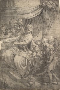 द होली फैमिली, एक स्वर्गदूत, जो फूल को दाईं ओर से पकड़ता है। 1550-1553। द्वारा एंड्रिया शियावोन