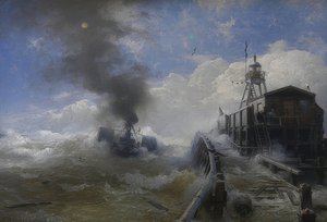 एक टग उच्च ज्वार पर ओस्टेंड बंदरगाह छोड़ देता है। 1878 द्वारा एंड्रियास अचेनबैक