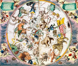 1660-1661 राशि चक्र के लक्षण दिखाते हुए आकाशीय ग्रहमंडल