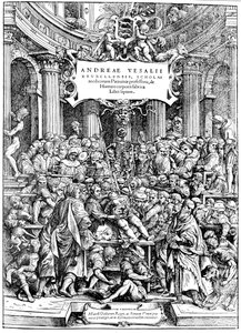 मानव शरीर के शीर्षक पृष्ठ, Vesalius &39;Fabrica दिखा चीर-फाड़ शरीर 1543 ड्राइंग
