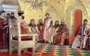 ज़ार मिखाइल फ्योडोरोविच (1596-1645) अपने कमरे में 1893 में बॉयर्स सिटिंग के साथ