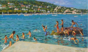 चट्टानों से कूदना; Cinque Terre, Positano, इटली, 2000 (कैनवास पर तेल) द्वारा एंड्रयू मकारा