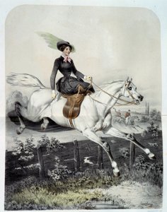 ऐंज लुई जावे लैंग (1815-1872) द्वारा 19वीं सदी के निजी संग्रह द्वारा अमेज़ॅन जंपिंग ए बैरियर लिथोग्राफी में एक युवा राइडर द्वारा आंग लुइस जेनेट