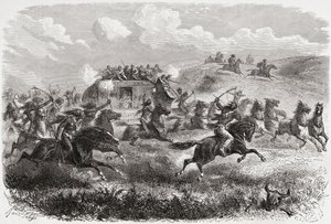 1867 में चार्ल्स लैपलैंट (d.1903) द्वारा उत्कीर्ण &39;द वर्ल्ड इन द हैंड्स&39; से चित्रण, 1867 में एक अंतरमहाद्वीपीय मंच पर हमला करने वाले भारतीय, 1878 में प्रकाशित द्वारा आंग लुइस जेनेट