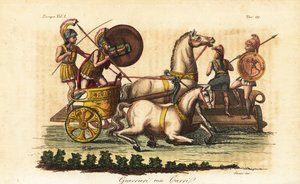 बीगा या दो-घोड़ों के रथ पर सवार चित्रित ढालों वाले प्राचीन यूनानी योद्धा द्वारा एंजेलो (बाद में) मोंटीसेली
