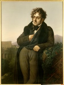 फ्रेंकोइस रेने का पोर्ट्रेट, चेटीउब्रिएंड का विस्काउंट (1768-1848) कॉलिज के एक दृश्य के सामने रोम के खंडहरों का ध्यान द्वारा ऐनी लुइस गिरोडेट डी रॉसी ट्रायसन