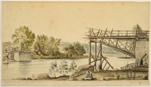 अधूरा पुल, पैलेटाइन, न्यूयॉर्क, 1808 (पानी के रंग और कागज पर ग्रेफाइट)