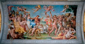 Bacchus (Dionysos, Bacco) अपने टैंक पर भारत से लौटता है और Annibale Carracci (Annibal Carrache) (1560-1609) द्वारा थेसी फ्रेस्को द्वारा छोड़े गए एरियान से मिलता है। १५९७-१६०० रोम, पलाज्जो फ़ार्नीज़