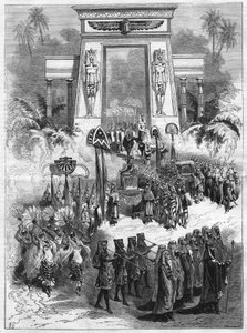 टुकड़े का अधिनियम II, ऐडा। ग्यूसेप वर्डी (1813-1901) द्वारा चार कृत्यों और सात चित्रों में भव्य ओपेरा पेरिस में इतालवी थिएटर में चलता है। "" ल 'विश्वविद्यालयों के शानदार" में उत्कीर्णन द्वारा अनाम अनाम