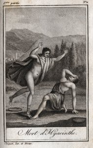चार्ल्स अल्बर्ट डेमोस्टियर (1760-1801) द्वारा "लेट्रेस ए एमिली सुर ला मिथोलॉजी" में 1819 की उत्कीर्णन अपोलो और हयासिंथोस (हायसिंथे की मृत्यु)। निजि संग्रह। द्वारा अनाम अनाम