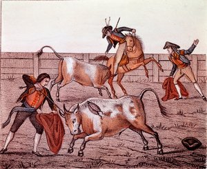 बुल्स शिकार दृश्य (सांडों की लड़ाई) १८वीं सदी का वाटरकलर निजी संग्रह द्वारा अनाम अनाम