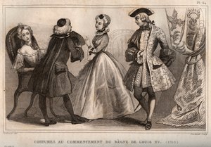 लुई XV (1720) के शासन की शुरुआत में वेशभूषा। 1859 से "" ले मोंडे में उत्कीर्णन। सबसे दूरस्थ समय से लेकर आज तक सभी लोगों का इतिहास ”। एमई डे लॉस्टलॉट-बाचौए (लॉस्टलॉट बचौ) द्वारा। निजि संग्रह। द्वारा अनाम अनाम