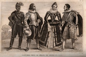 हेनरी चतुर्थ (1590) के शासन के तहत वेशभूषा। 1859 से "" ले मोंडे में उत्कीर्णन। सबसे दूरस्थ समय से लेकर आज तक सभी लोगों का इतिहास ”। एमई डे लॉस्टलॉट-बाचौए (लॉस्टलॉट बचौ) द्वारा। निजि संग्रह। द्वारा अनाम अनाम
