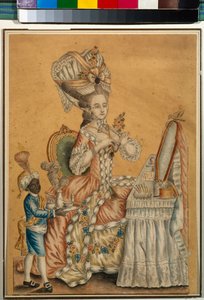 शौचालय में एक काले लड़के के साथ महिला - गुमनाम काम, कागज पर जल रंग लगभग 1770 (29.2x21.2 सेमी) - स्टेट ट्रेटीकोव गैलरी, मॉस्को द्वारा अनाम अनाम