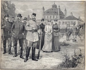 डेनमार्क के फ्रेडेंसबोर्ग में रूस के ज़ार निकोलस II (1868-1918) के शिकार के लिए प्रस्थान किया। "" ले पेटिट पेरिसियन "" 1893 में उत्कीर्णन। द्वारा अनाम अनाम